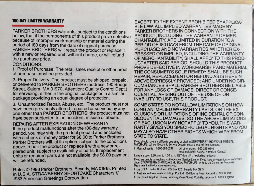 Strawberry Shortcake VCS Instructions Back 